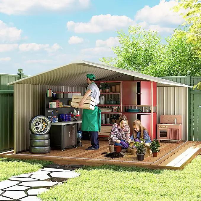 Outsunny 11' x 13' Outdoor Storage Shed, Garden Tool Metal Shed with Foundation Kit, Double Lockable Door, Air Vents and Sloping Roof, for Backyard, Patio, Lawn, Light Gray by GreenHaven Gardens