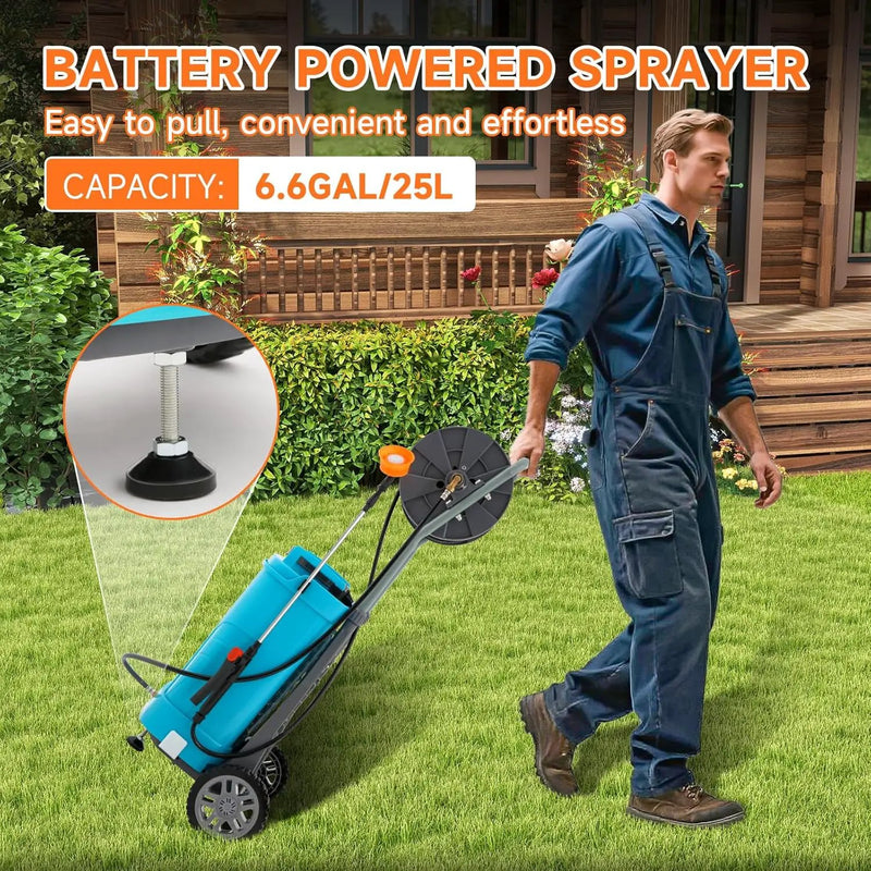 6.6 Gallon Battery Powered Sprayer, Portable Sprayer with Wheels,0-94 PSI,12V 8Ah Battery,Adjustable HD Wand and 10 Nozzles for Weeding, Spraying, Cleaning by GreenHaven Gardens