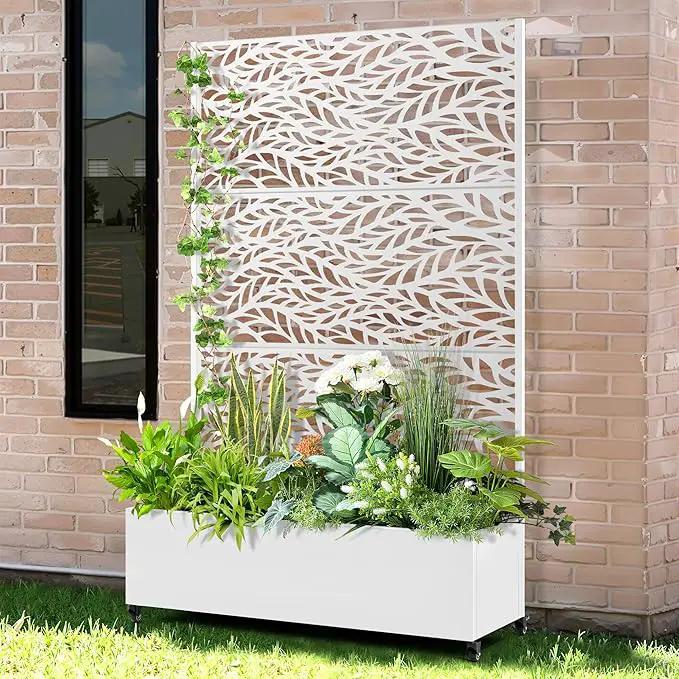 Raised Garden Bed with Trellis and Wheels,73"x47"x16" Metal Raised Garden Bed,White Flowing Leaf Metal Planter with Climbing Trellis for Vines & Vegetables by GreenHaven Gardens