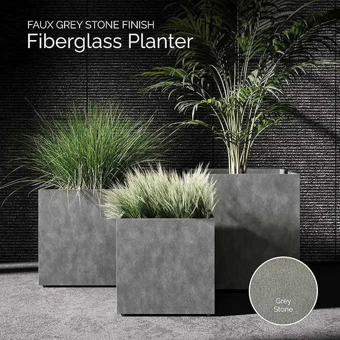 Reglito Cube Planter – Fiberglass Indoor/Outdoor and Weather-Resistant Large Planter (Grey Stone, 35.4" L x 35.4" W x 36" H) by GreenHaven Gardens
