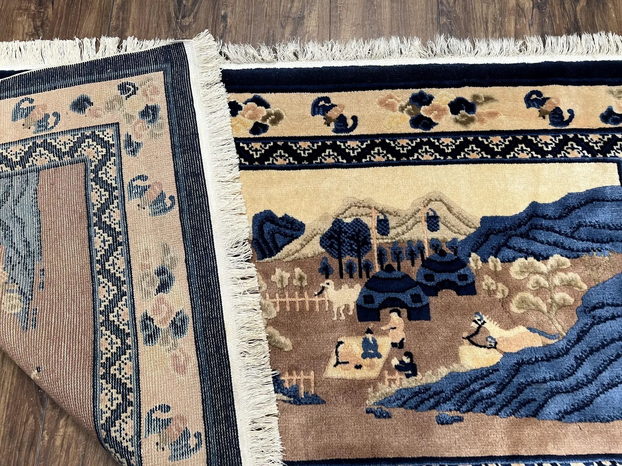 Antique Chinese Pictorial Rug 2.7 x 5, Chinese Village and Hills Carpet, Beige and Dark Blue, Handmade, Horizontal Rug Wall Hanging Tapestry by Jewel Rugs