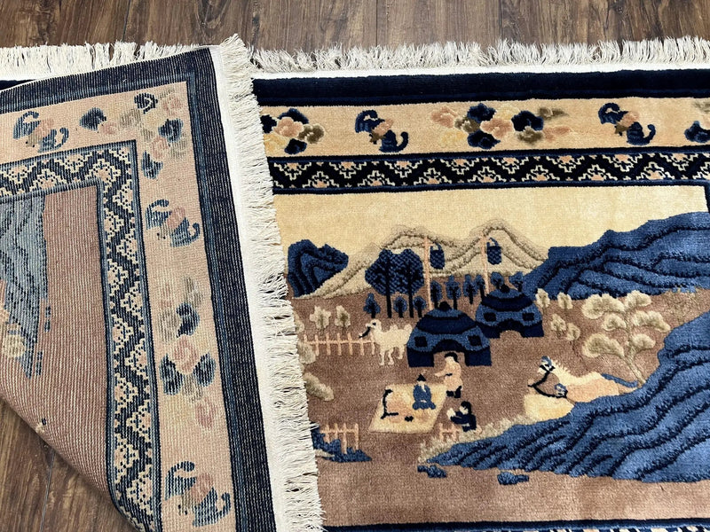 Antique Chinese Pictorial Rug 2.7 x 5, Chinese Village and Hills Carpet, Beige and Dark Blue, Handmade, Horizontal Rug Wall Hanging Tapestry by Jewel Rugs