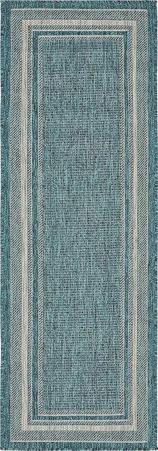 Unique Loom Outdoor Border Collection Area Rug - Soft Border (2'x 6' 1" Runner, Teal/ Ivory) by GreenHaven Gardens