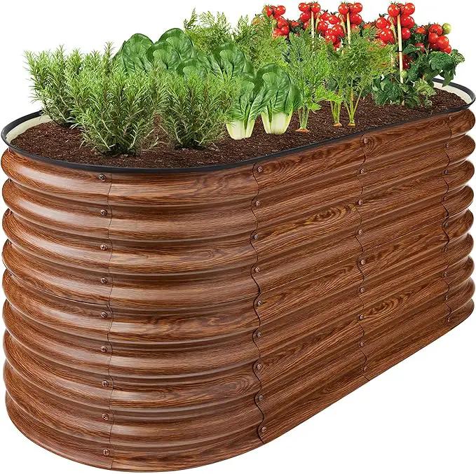 Best Choice Products 4x2x2ft Outdoor Metal Raised Garden Bed, Oval Deep Root Planter Box for Vegetables, Flowers, Herbs, and Succulents w/ 101 Gallon Capacity, Rubber Edge Guard - Wood Grain by GreenHaven Gardens