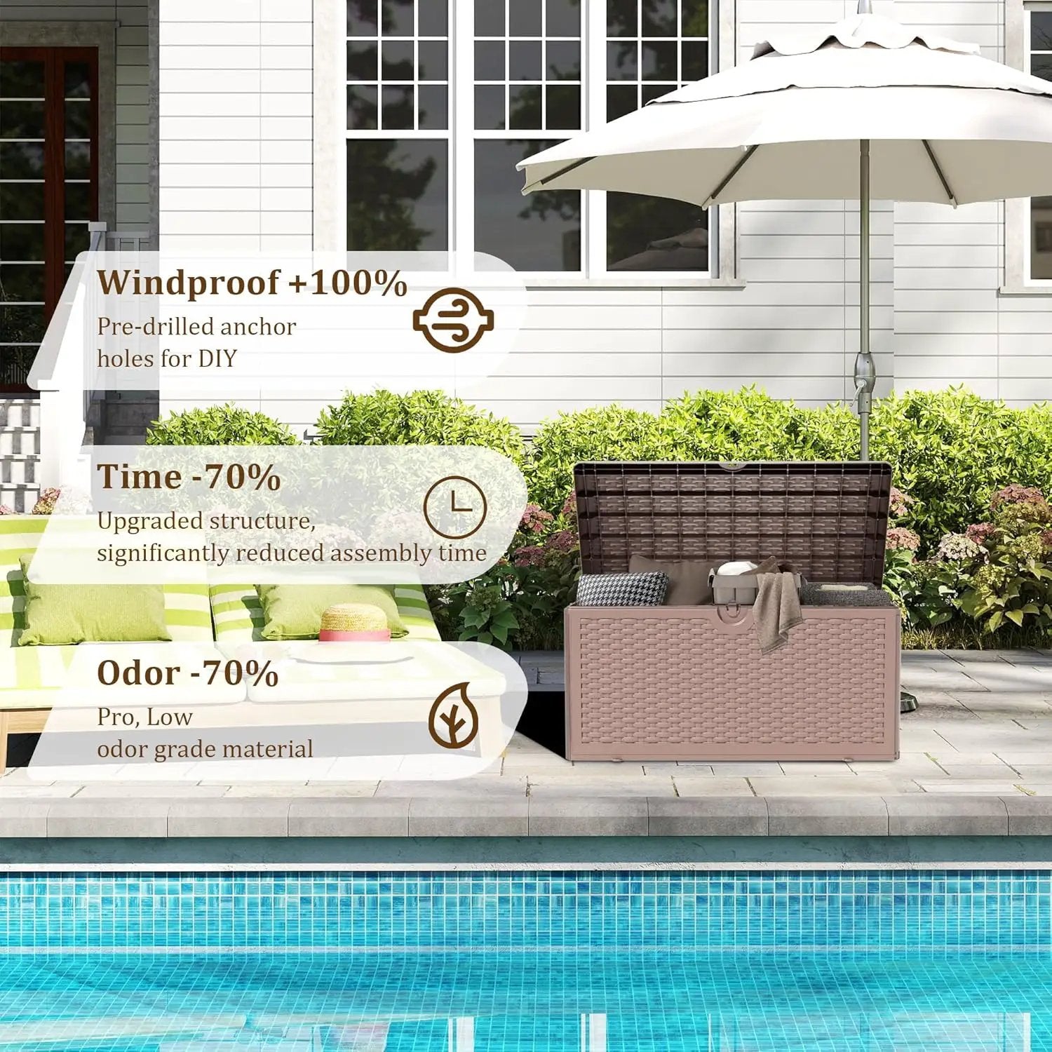 Upgrade 80 Gallon Waterproof Large Resin Deck Box Indoor/Outdoor Lockable Storage Container and Seating for Garden, Pool, and Patio (80 Pro Gallon, Brown) by GreenHaven Gardens