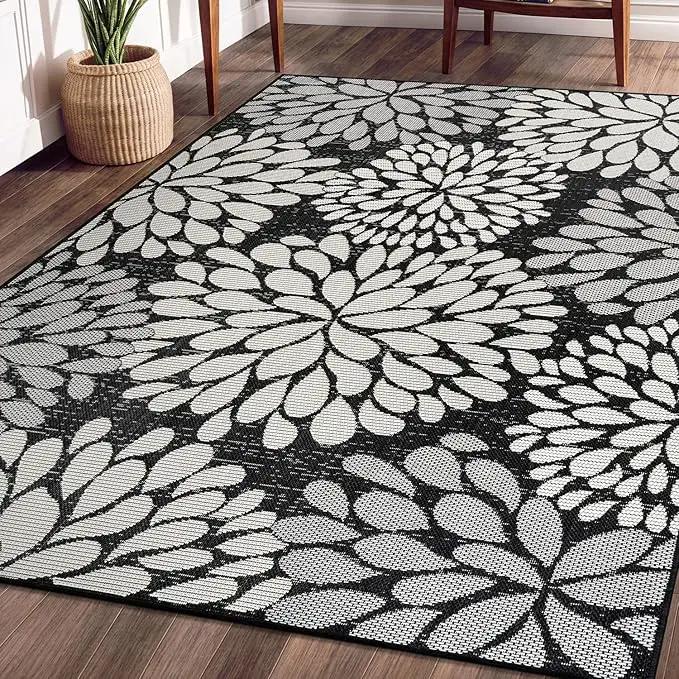 Beverly Rug Outdoor Rug 6x9 Modern Exotic Tropical Leaf Area Rugs for Indoor and Outdoor Patio Deck Porch Garden Water Resistant Washable Outside Carpet (6 x 9 Dark Gray) by GreenHaven Gardens