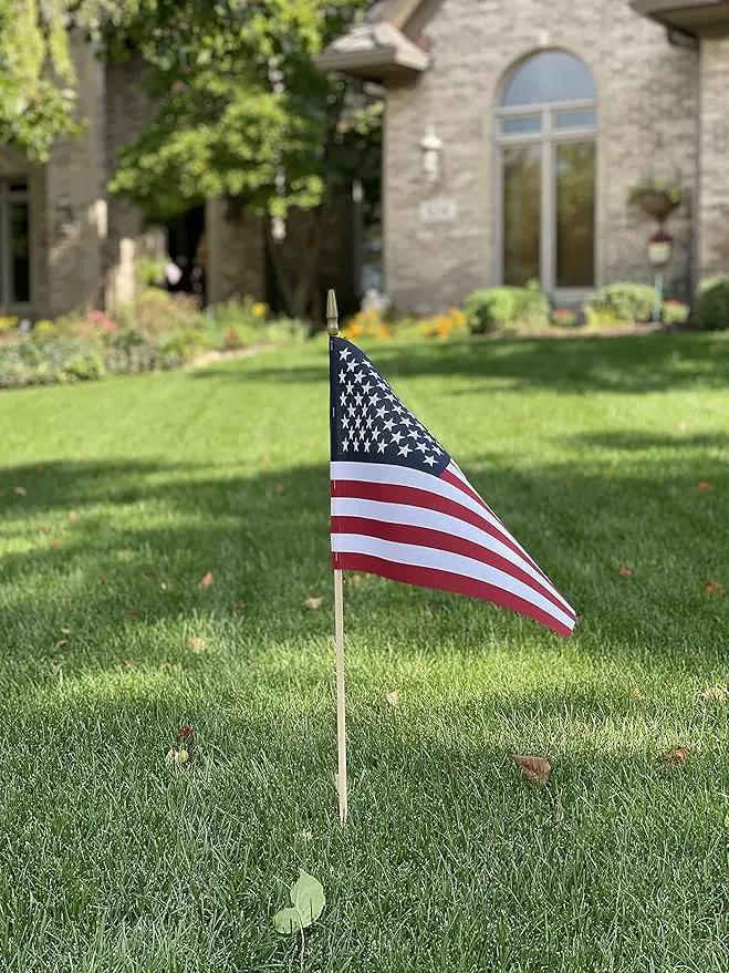 American Flags on Stick - Handheld Spearhead US Flag for 4th of July, Memorial Day Event Decorations - Patriotic Decor for Indoors & Yard - Wooden Stick, Cotton Fabric (12" X 18" - 144 Pack) by GreenHaven Gardens
