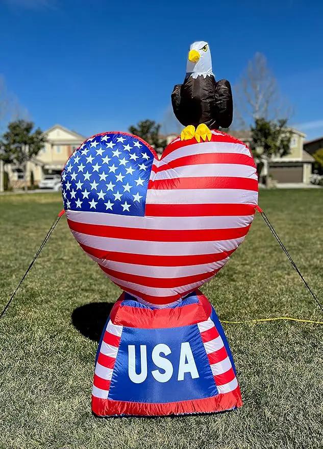 5 Foot Tall Patriotic Independence Day 4th of July Inflatable Love Heart with American Flag and Bald Eagle Pre-Lit LED Lights Outdoor Indoor Lawn Yard Holiday Decoration Blow up Home Garden Decor by GreenHaven Gardens