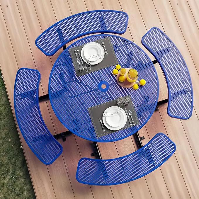 Metal Picnic Tables for Outdoors with Umbrella Hole - Coated Steel Heavy Duty Commercial Grade Table with Adjustable Seats (Blue, 46 in, Round, Punched Steel) by GreenHaven Gardens