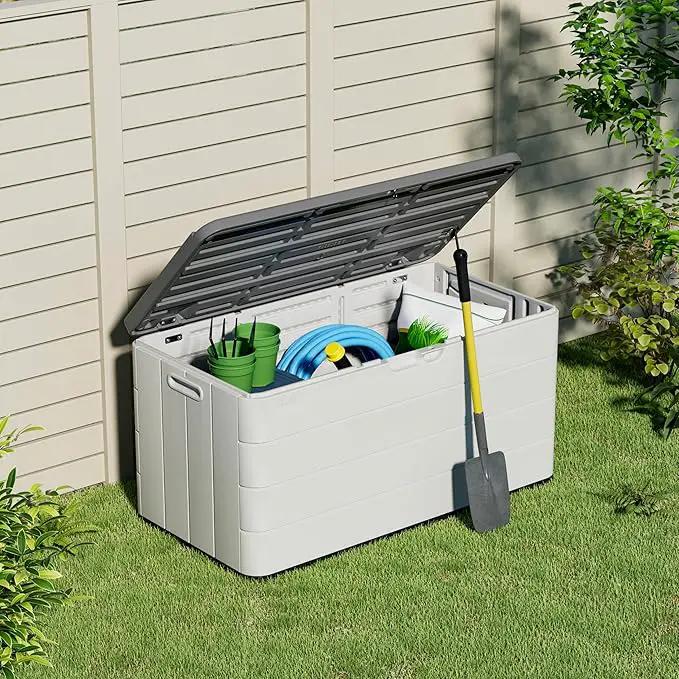 Heavy-Duty 100 Gallon Outdoor Storage Box - Waterproof Deck Box & Large Storage Bin for Patio/Pool, All-Weather Resin Chest with Lock, UV-Resistant, Alpine White by GreenHaven Gardens