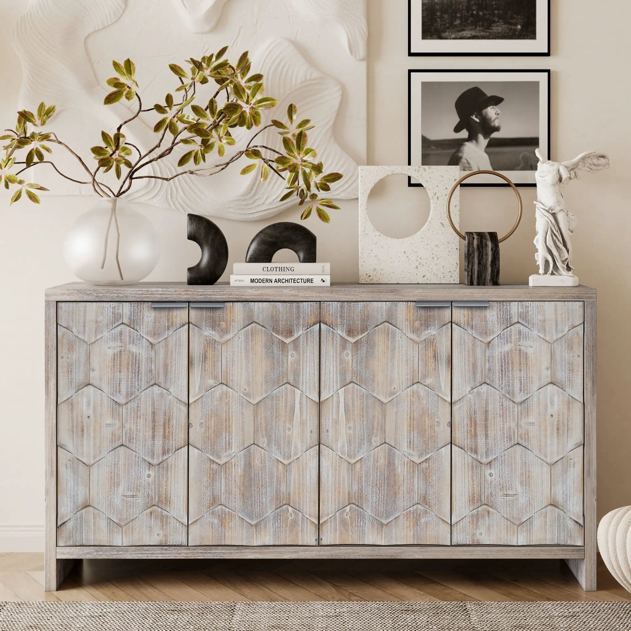 Accent Cabinet Farmhouse Style 4 Door Wooden Cabinet Sideboard Buffet Server Cabinet Storage Cabinet, For Living Room, Entryway, Hallway, Office, Kitchen And Dining Room by Unique Piece Furniture