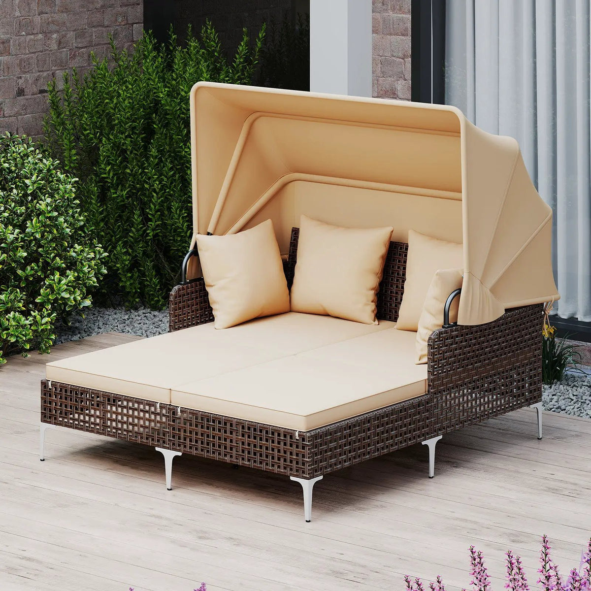 Outdoor Daybed with Retractable Canopy PE Wicker Rattan Patio Lounger, photo 2 of 16