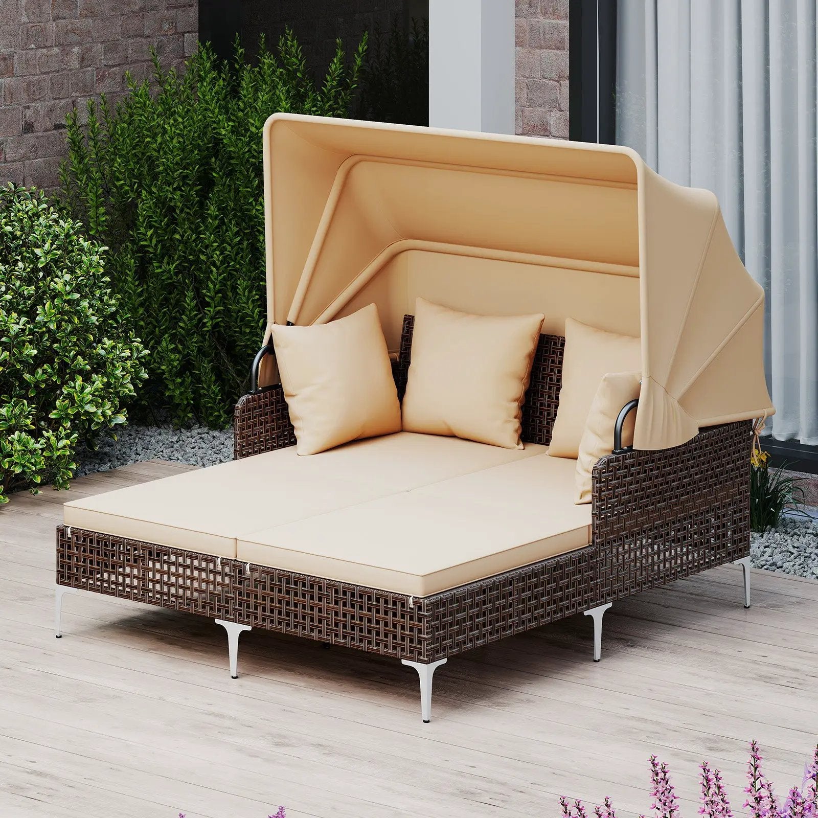 Outdoor Daybed with Retractable Canopy PE Wicker Rattan Patio Lounger by DirectDeals
