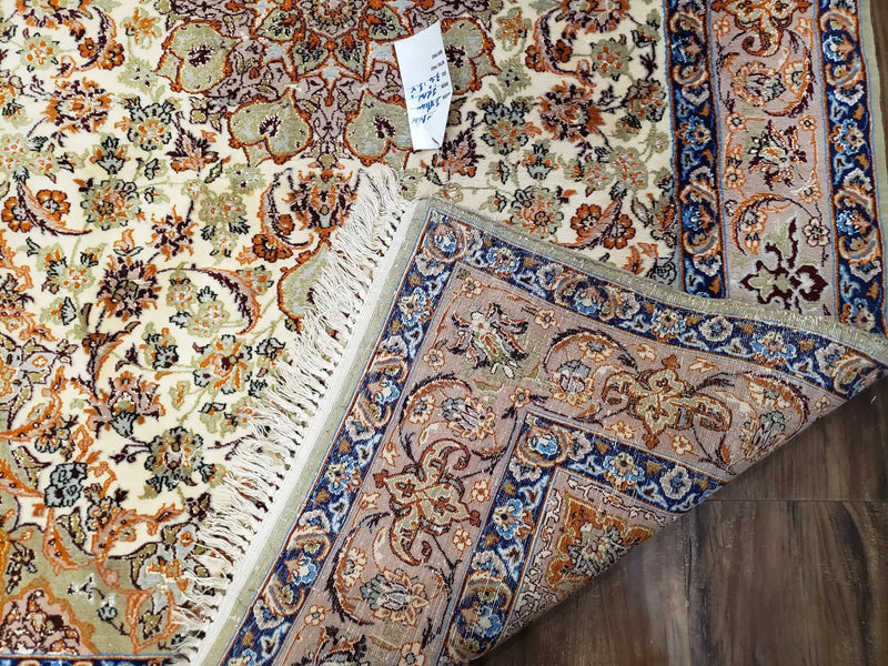 Vintage Persian Isfahan Lachak Toranj Rug, Highly Detailed, Kork Wool on Silk Foundation, Beige and Dark Blue, Hand-Knotted, 3'6" x 5' 4" by Jewel Rugs