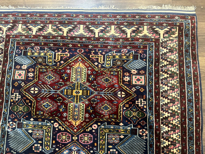 Indian Rug with Caucasian Design, 4x6 Geometric Carpet, Navy Blue and Cream by Jewel Rugs