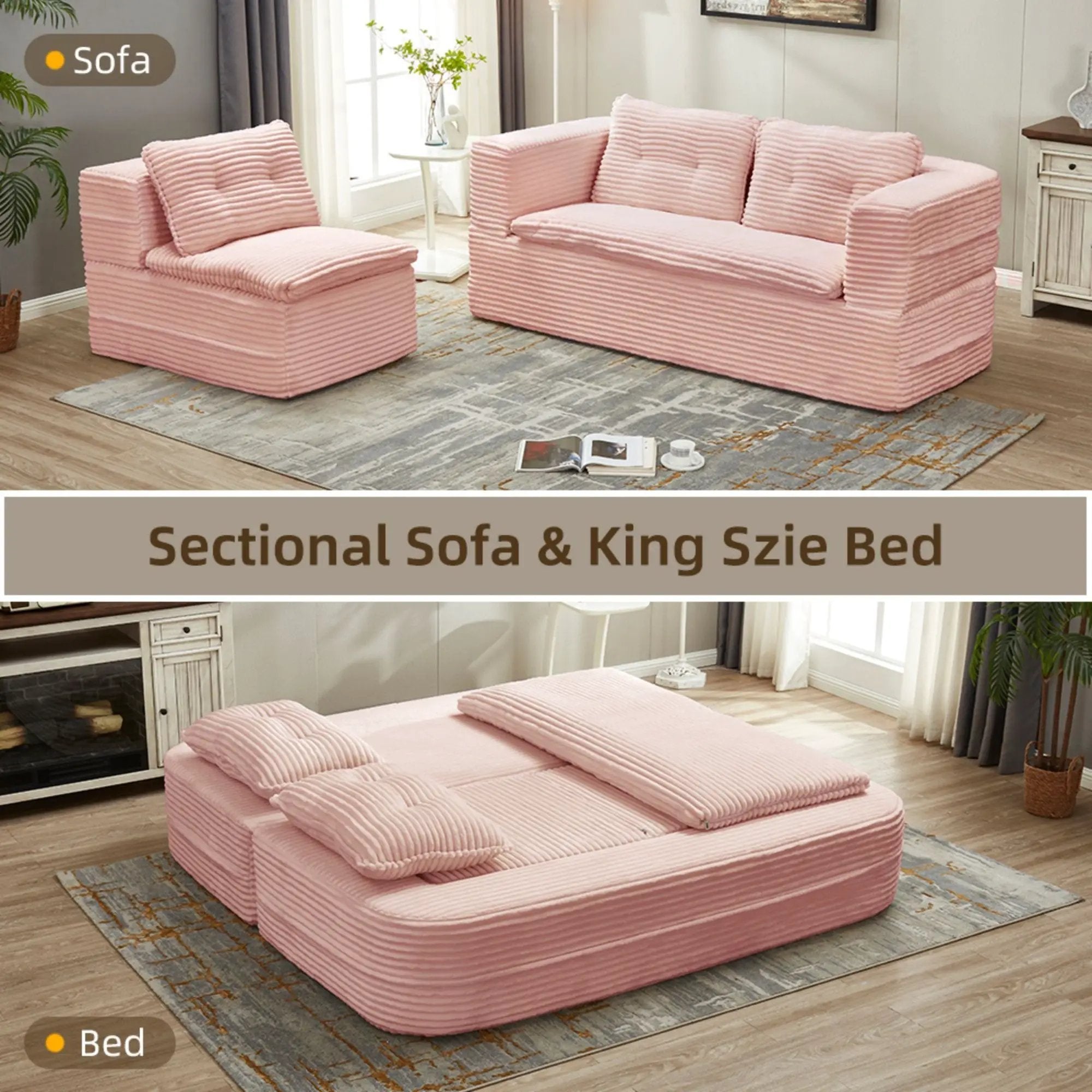 Multi Functional Sectional Sofa Bed With Independent Chaise Lounge And Functional Blanket, Convertible King Size Bed, Deep Seat - Baby Pink by HouseOfZazla