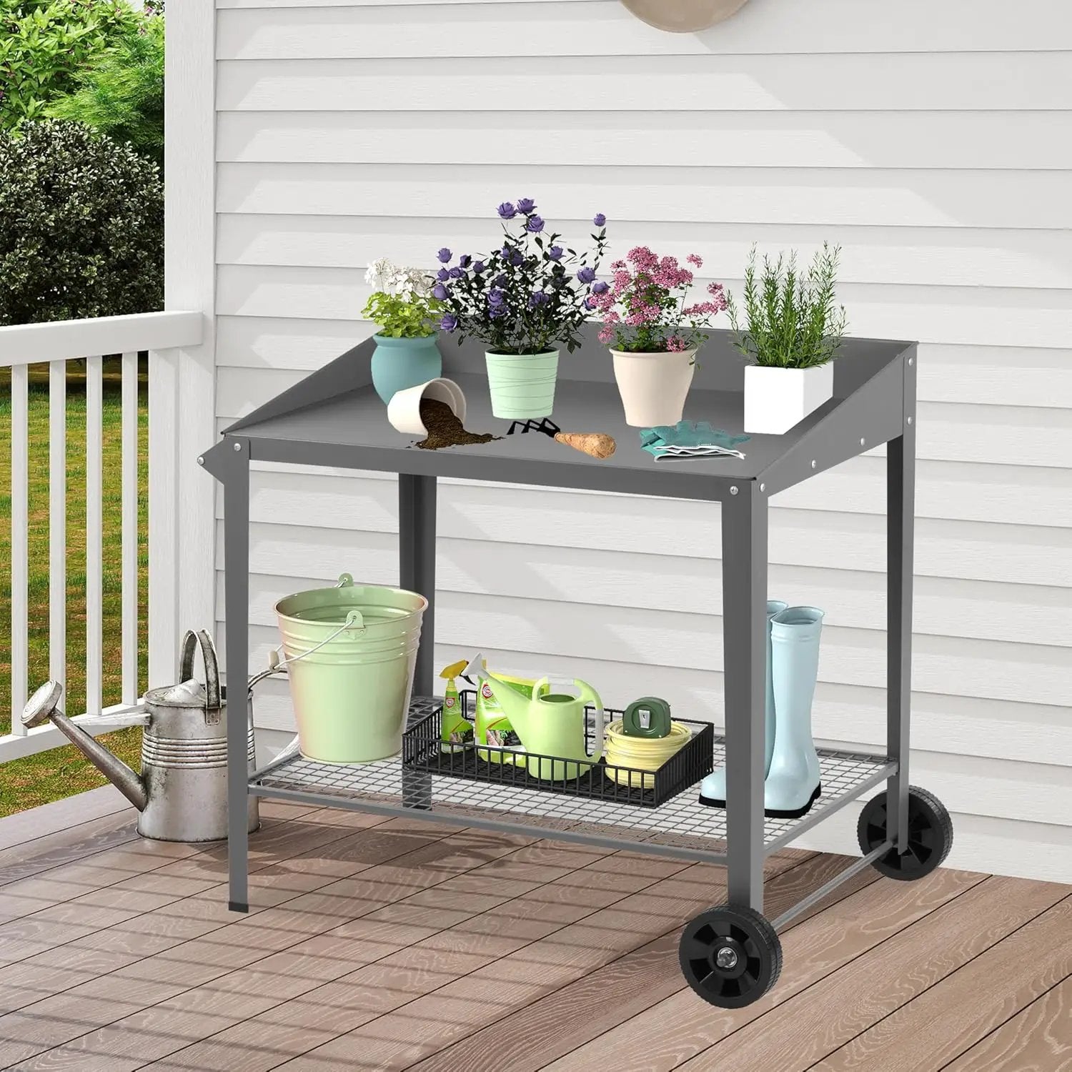 Outdoor Metal Potting Bench with Wheels, Heavy Duty Garden Workbench Table with Storage Shelf (Dark Gray, 36"x38.8") by GreenHaven Gardens