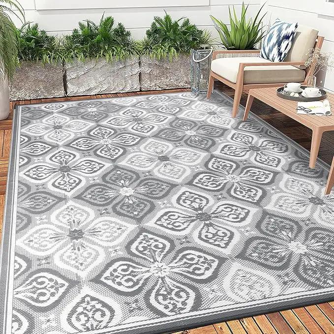 Pauwer Waterproof Outdoor Rug 8x10, Reversible Plastic Straw Patio Camping Rug, Indoor Outdoor RV Mat Carpet for Deck, Camper, Porch, Balcony, Backyard, Picnic, Clover Grey by GreenHaven Gardens