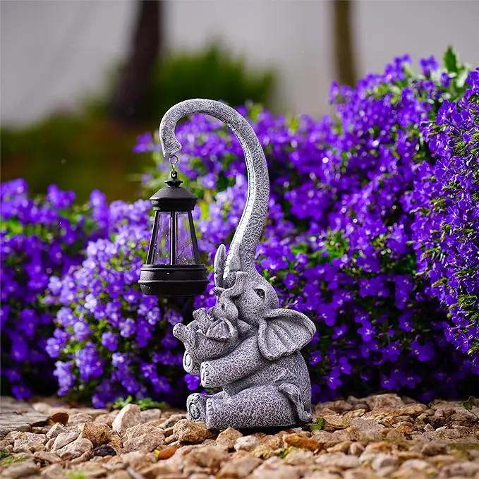 Elephant Outdoor Statues with Cute Baby Garden Decor, Resin Elephant Figurines with Solar Lantern Outdoor Decoration Gifts for Mothers Day, Birthday Day by GreenHaven Gardens