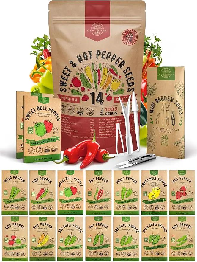 Organo Republic 14 Sweet & Hot Peppers Seeds Variety Pack - 1,030+ Non-GMO Heirloom Pepper Seeds for Outdoor and Indoor Home Gardening, Including Pepper Cayenne, Habanero, Jalapeno, Poblano, Serrano by GreenHaven Gardens