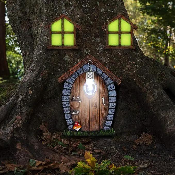 Juegoal Fairy Gnome Home Miniature Window and Door with Litter lamp for Trees Decoration, Glow in Dark Fairies Sleeping Door and Windows, Yard Art Garden Sculpture, Lawn Ornament Decor by GreenHaven Gardens