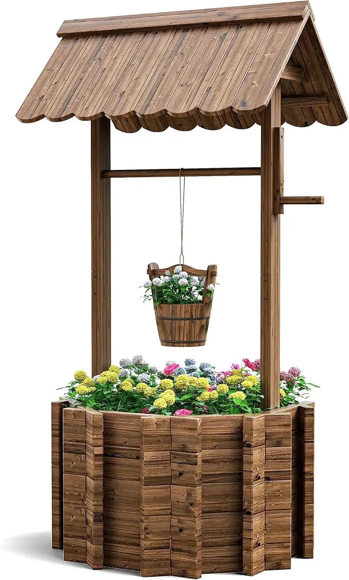 UDPATIO Wishing Wells for Yard, Large Wooden Wishing Well Planter for Outdoors, Upgrade Wishing Well with 4 Reinforced Rod & Hanging Bucket for Garden Patio Lawn Backyard Home Decor by GreenHaven Gardens