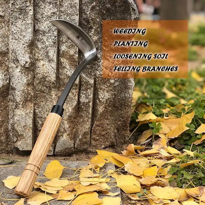 SHANFEEK Japanese Weeding Sickle Hoe Gardening Tools 13-Inch Weed Remover Tool High-Carbon Steel One-Piece Molding with Hard Solid Wood Handle(Snake-Necked) by GreenHaven Gardens