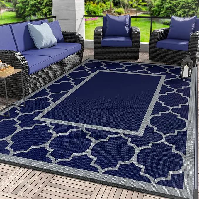 GENIMO Outdoor Rug 5' x 8' Patio Waterproof, Foldable Reversible Plastic Straw Area Rugs Mat for Camper Decor, Outside Carpet for Rv, Deck, Porch, Picnic, Beach, Balcony, Blue & Grey by GreenHaven Gardens