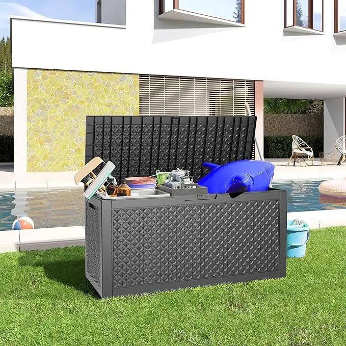 100 Gallon Waterproof Outdoor Storage Box,Resin Deck Box,Lockable Outside Storage Box Container for Patio Furniure,Garden,Pool Tools (100 Gallon,Black pattern) by GreenHaven Gardens