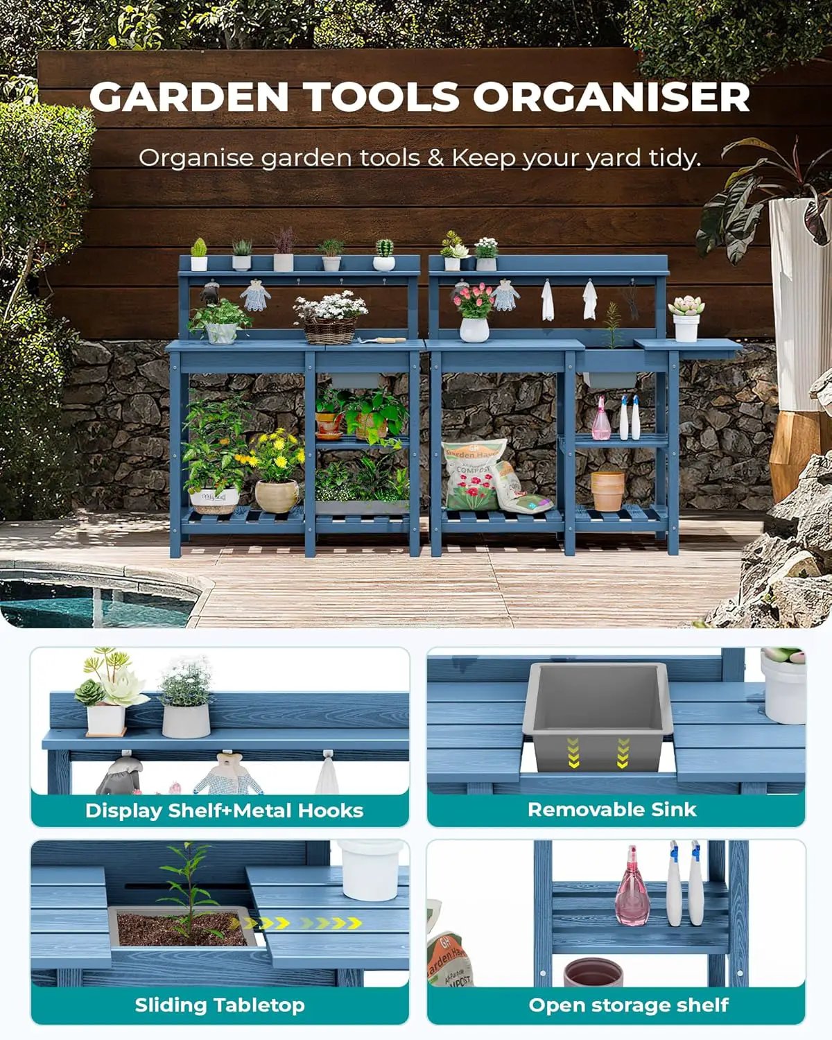 SERWALL Potting Table Set of 2 for Outside All Weather Use- Blue by GreenHaven Gardens