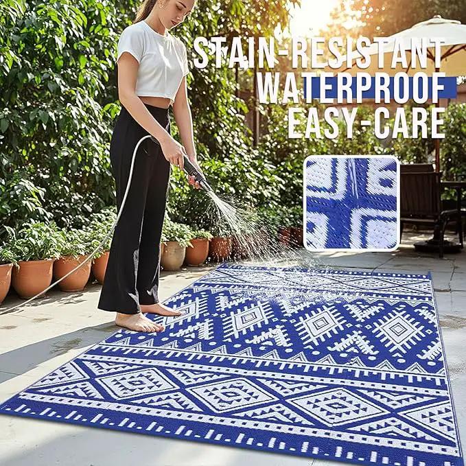 OLANLY Outdoor Rug Waterproof 9x18 ft, Reversible Outdoor Plastic Straw Rug, Boho Patio Rug, Indoor Outdoor Carpet, RV Mat Outside for Patio, Camp, Picnic, Balcony, Deck, Backyard, Blue & White by GreenHaven Gardens