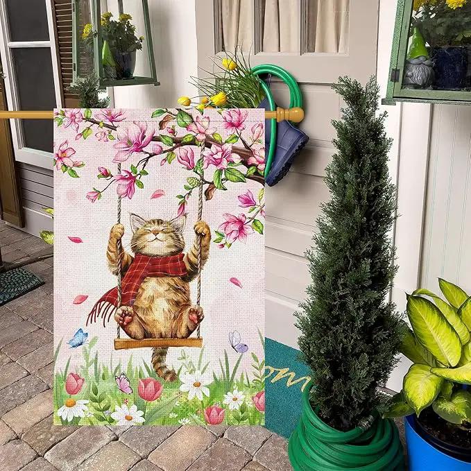 Heyfibro Spring Cute Cat Welcome Garden Flag 28x40 Inch Double Sided Burlap, Summer Magnolia Butterfly Flower Floral Yard Banner for Seasonal Holiday Farmhouse Outdoor Decor(ONLY FLAG) by GreenHaven Gardens