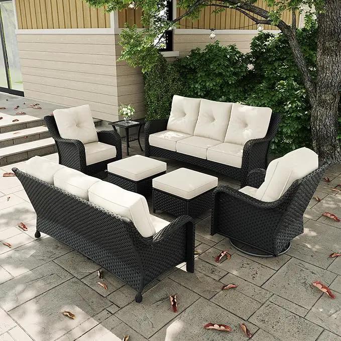 7 Pieces Outdoor Patio Furniture Sets with Rocking Swivel Chairs with 6-inch Thick Cushion and Side Table for Deck Lawn by GreenHaven Gardens