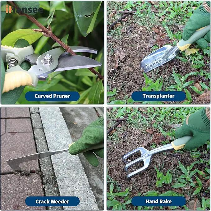 Set of 12 Garden Tool, iHansee Heavy-Duty Aluminum Gardening Hand Tools with Rubber Non-Slip Handle, Garden Apron, Gloves, Kneeling Pad and Storage Bag, Garden Hand Tools Starter Kit Landscaping Tools by GreenHaven Gardens