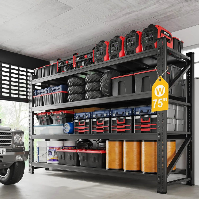 9000LBS Metal Steel Storage Shelves - 75" W Black 4 Tier Heavy Duty Rack Commercial Industrial Shelving with Adjustable Shelf for Basement Garage Warehouse - 75" W x 24" D x 70" H by GreenHaven Gardens