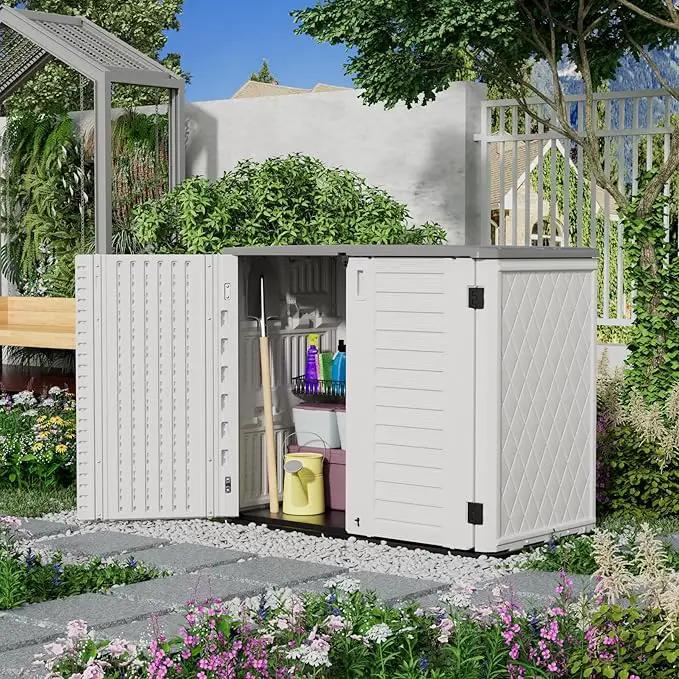 Outdoor Patio Storage Shed,Waterproof Horizontal Outdoor Storage Cabinet for Garbage Cans,Tools and Lawnmower Lockable(34 Cu.ft-Warm-White) by GreenHaven Gardens