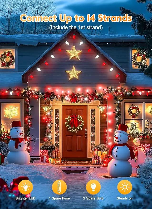C9 LED Christmas Lights Outdoor, 50 Feet String with 50 Shatterproof Matte Bulbs, Connectable Waterproof Tree Lights for Holiday Roofline Backyard Garden Decor, Red & Pure White by GreenHaven Gardens