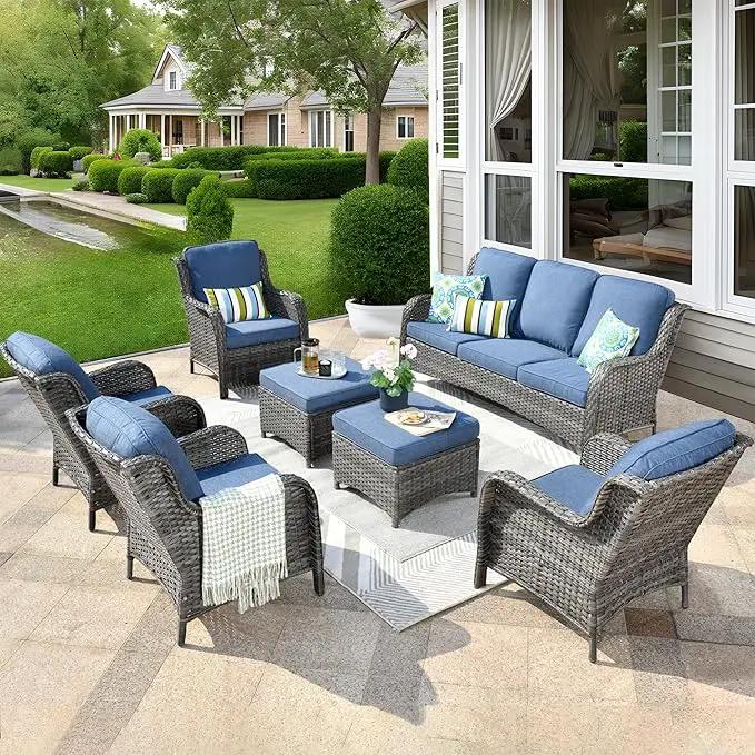 ovios 7 Pieces Patio Furniture Set, Outdoor Wicker Sofas with 4 Chairs, Ottomans and Comfy Cushions, All Weather High Back Couch Set for Deck Porch, Grey Rattan, Denim Blue by GreenHaven Gardens