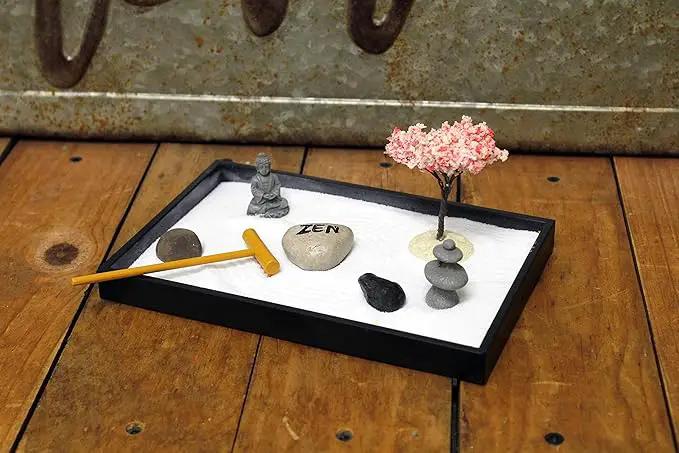 Nature's Mark Mini Zen Garden Kit for Desk with Rake, White Sand, Buddha, Lantern, Black Rectangle Base, River Rocks and Mini Blossom Tree (8Lx5W C) by GreenHaven Gardens