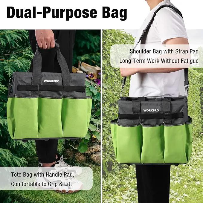 WORKPRO Garden Tool Bag Organizer, Heavy Duty Gardening Tote Bag with 10 Pockets and Long Adjustable Shoulder Strap, Standable Garden Home Tool Kits Organizer, Green by GreenHaven Gardens
