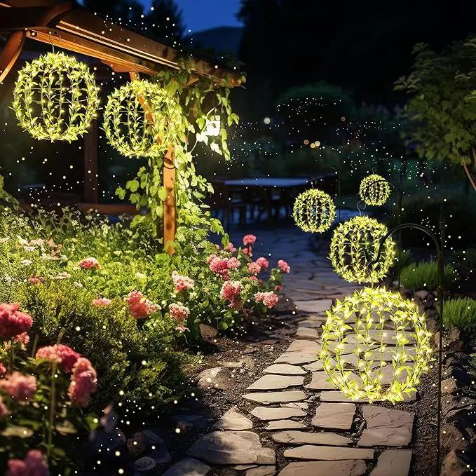 Joomer Solar Hanging Lights Outdoor, 2 Pack 12in 120 LED Solar Globe Lights, 8 Modes Waterproof Foldable Metal Sphere Light with Hook for Garden Yard Porch Decor-Warm White (Ball with Green Leaf) by GreenHaven Gardens
