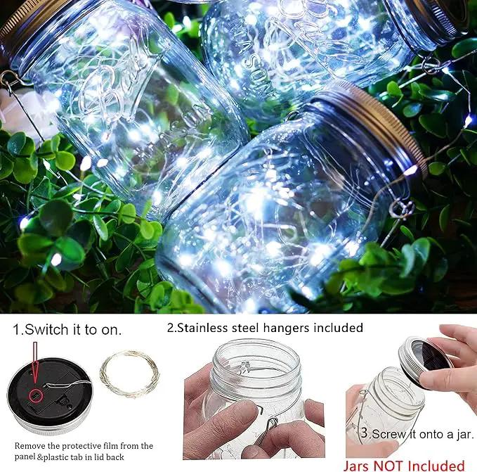 Mason Jars Lids 30 LED 12 Pack Solar Fairy Firefly Lights - Solar Lantern Hanging Lights for Patio Yard Garden Wedding Decorations - Cool White by GreenHaven Gardens