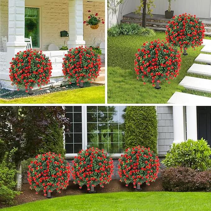 Artificial Red Rose Topiary Ball Tree 25" with Ground Spike, Set of 2 Artificial Boxwood Bushes for Faux Shrubs, Fake Evergreen Faux Plant for Indoor Outdoor Porch Garden -UV Resistant–Fade-Proof by GreenHaven Gardens