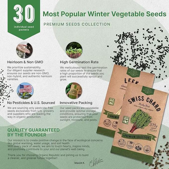 Organo Republic 30 Most Popular Winter Vegetable Garden Seeds Variety Pack- Outdoors/Indoor 8300+ Non-GMO Heirloom Veggie Seeds Broccoli Beet Carrot Cabbage Chives Lettuce Radish Pea Spinach & More by GreenHaven Gardens