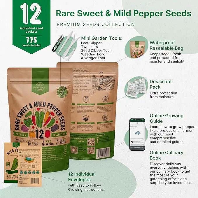 Organo Republic 12 Rare Sweet & Mild Pepper Seeds Variety Pack - 770+ Non-GMO Heirloom Pepper Seeds for Outdoor and Indoor Home Gardening, Including Pepper Anaheim, Pepperonchini, Pimento, Lilac Bell by GreenHaven Gardens