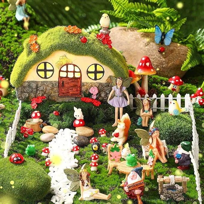 Suzile 50 Pcs Solar Fairy House Garden Accessories Light up Flocked Fairy House Garden Kit Green Resin Miniature Mushroom Figures Micro Landscape Ornament(Stone House) by GreenHaven Gardens