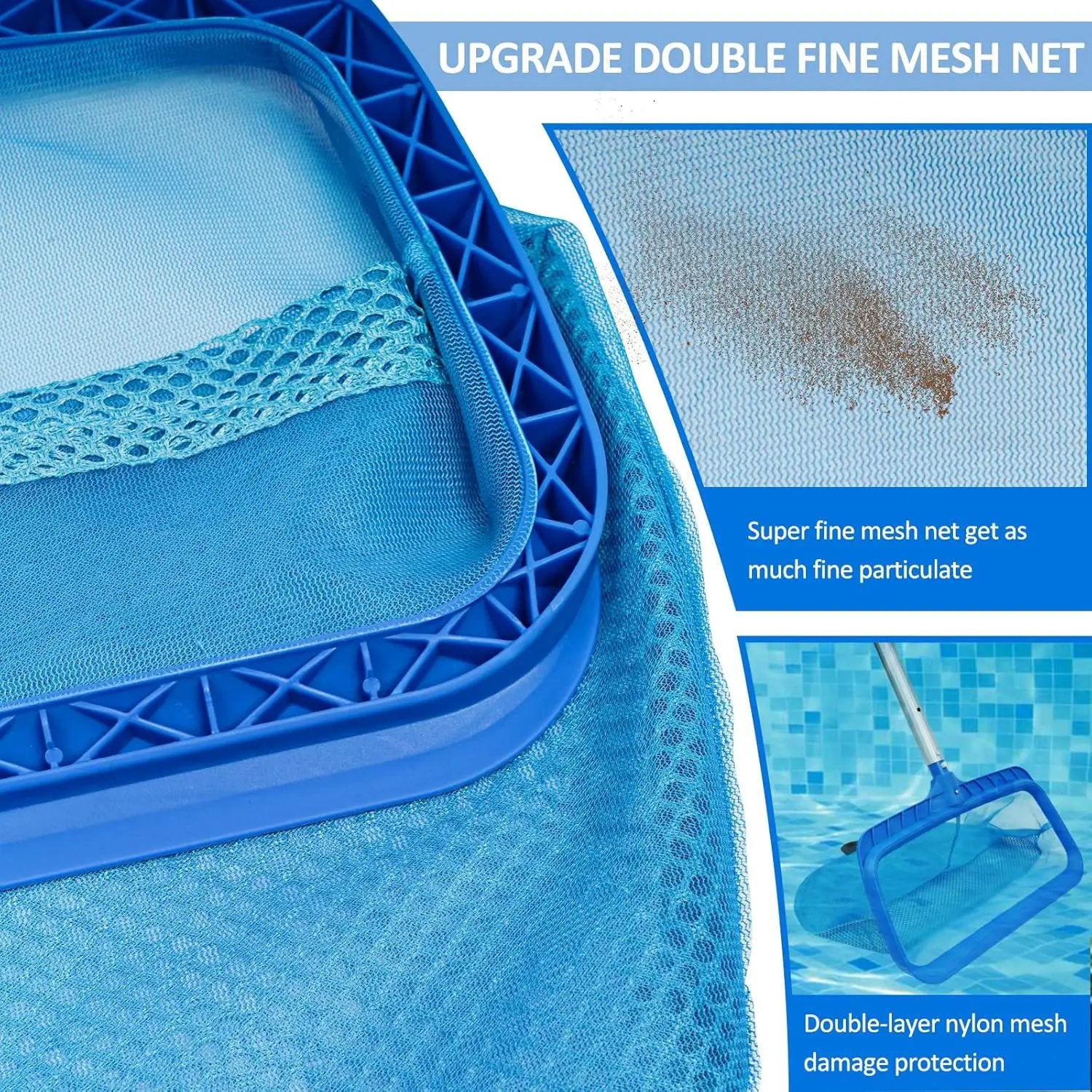 Poolvio Swimming Pool Skimmer Net, Fine Mesh Pool Leaf Rake Net with Double-Layer Deep Bag, Reinforced Frame - Swimming Pool Nets for Cleaning Finest Debris by GreenHaven Gardens