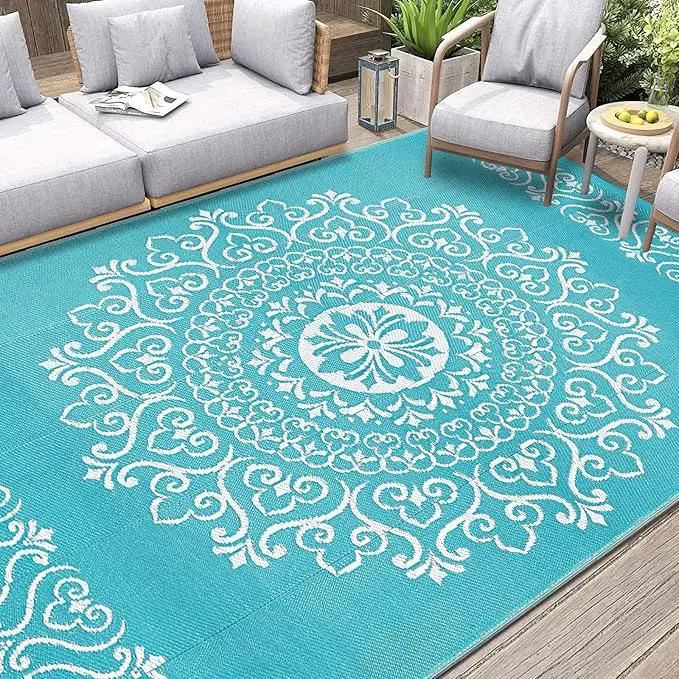 Pauwer Waterproof Outdoor Rug 5x8, Reversible Plastic Straw Patio Camping Rug, Indoor Outdoor RV Mat Carpet for Deck, Camper, Porch, Balcony, Backyard, Picnic, Floral Teal by GreenHaven Gardens