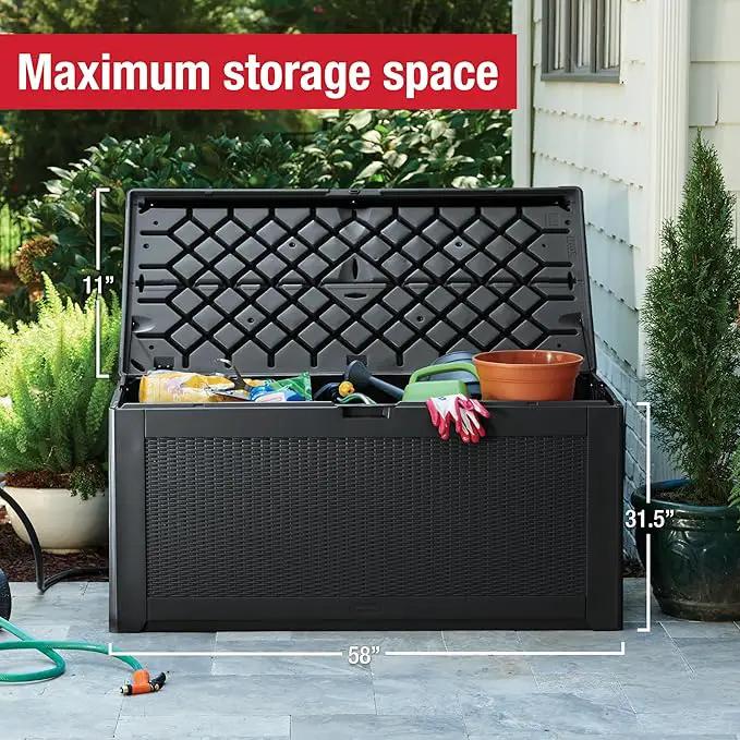 Rubbermaid Extra Large Resin Outdoor Storage Deck Box (134 Gal), Weather Resistant, Black, Deck Organization for Home/Backyard/Pool Chemicals/Toys/Garden Tools/Porch/Patio Cushions by GreenHaven Gardens
