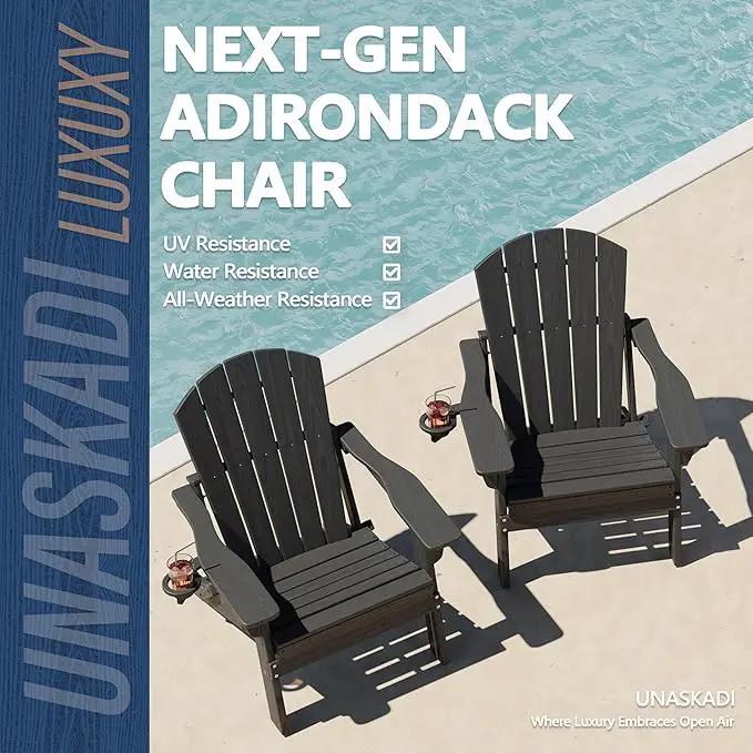 Folding Adirondack Chair Set of 2 with Cup Holder, HDPE All Weather Resistant Plastic Outdoor Patio Chairs, Heavy Duty Fire Pit Seating for Backyard Lawn Garden, Wooden Textured Design(Gray) by GreenHaven Gardens